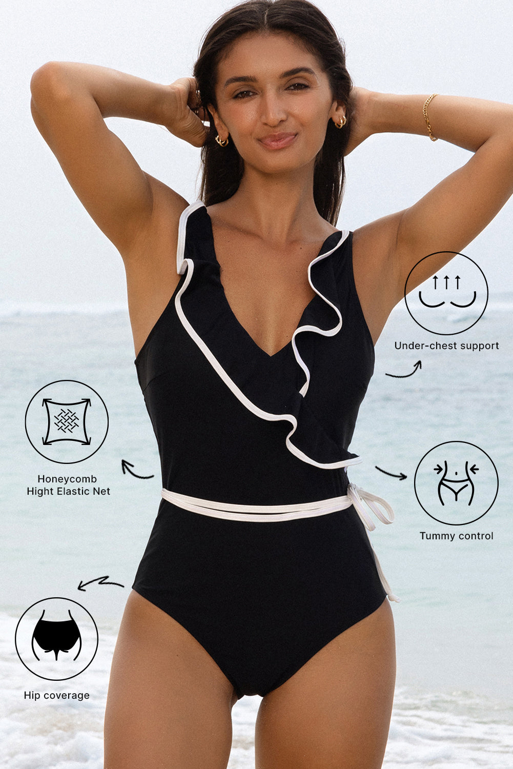 Black Ruffled Wrap V-Neck Swimsuit