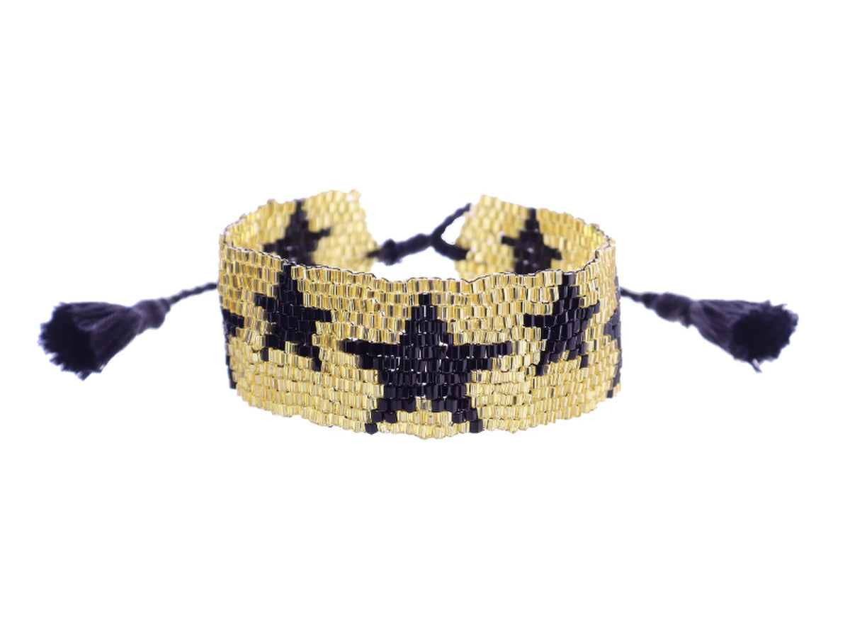 JM Kids Gold with Black Stars  Woven Beaded Band Bracelet