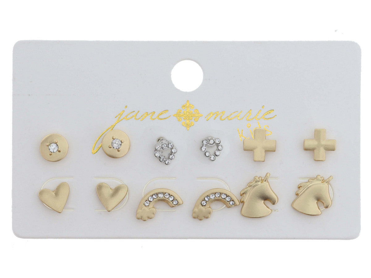 JM Kids 6 Stud Earring Set - Gold Rainbow